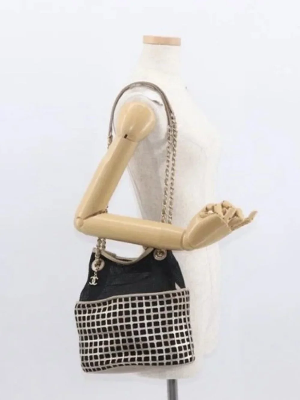 CHANEL Chain Shoulder Bag Nylon Leather Black Gold CC Auth bs32086